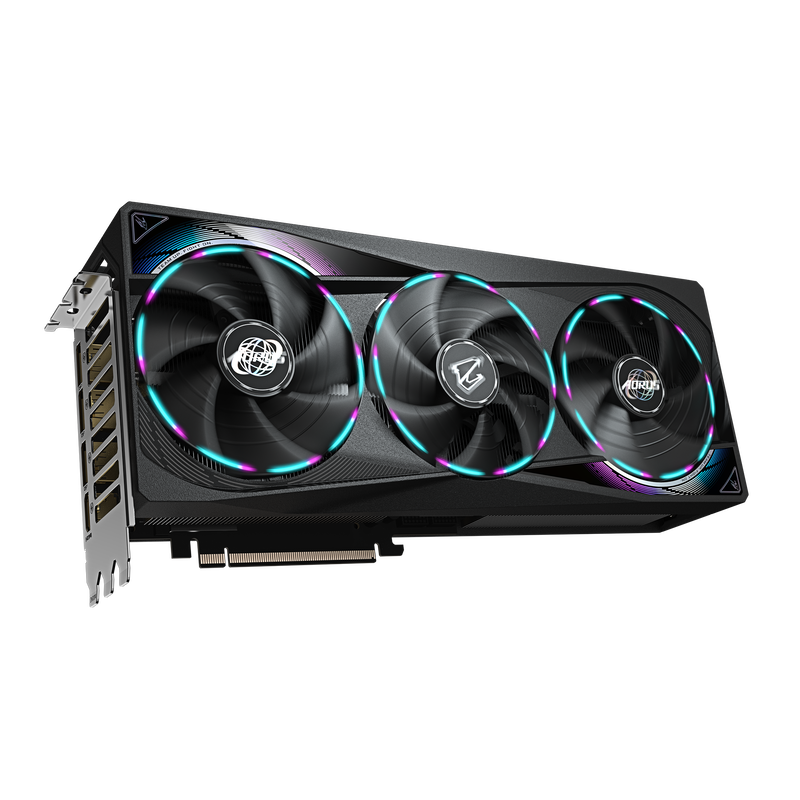 Gigabyte Aorus RTX 5070 Master grafikkort nærbilde av RGB-belysning