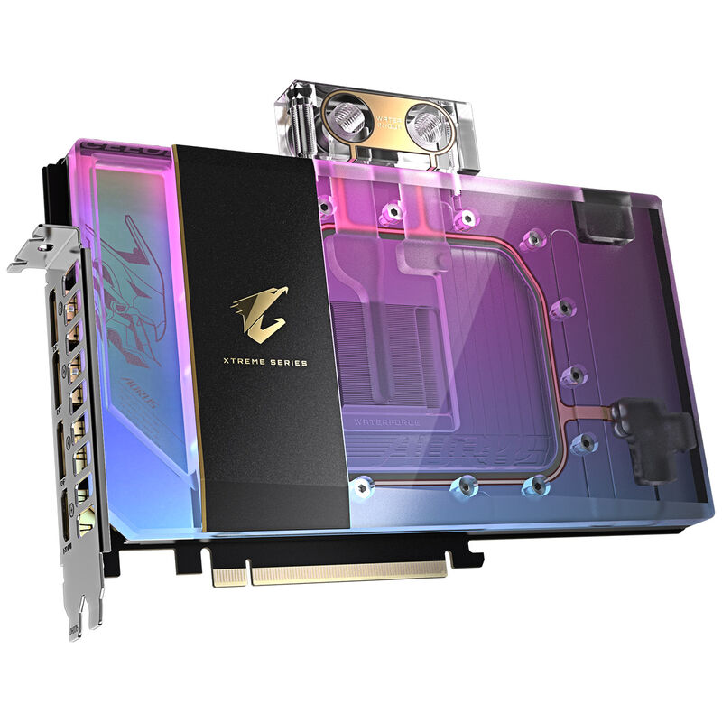 Gigabyte Aorus RTX 5090 Xtreme Waterforce WB grafikkort med tilkoblinger
