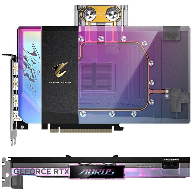Detalj av RGB-belysning på Gigabyte Aorus RTX 5090 Xtreme Waterforce WB