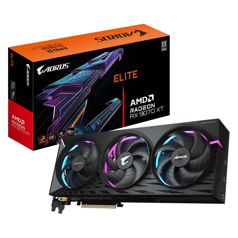 Gigabyte AORUS RX 9070 XT Elite grafikkort forfra