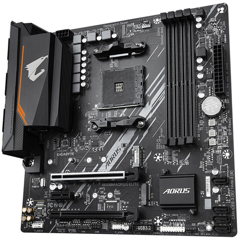 Nærbilde av RGB-belysning på Gigabyte B550M AORUS Elite hovedkort