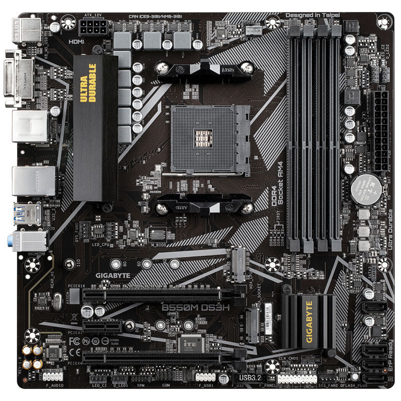 Detalj av Gigabyte B550M DS3H hovedkort PCIe 4.0 slot