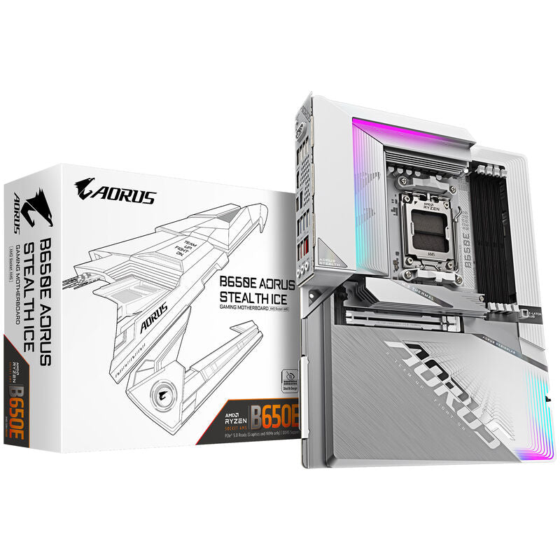 Gigabyte B650E AORUS Stealth ICE hovedkort forfra