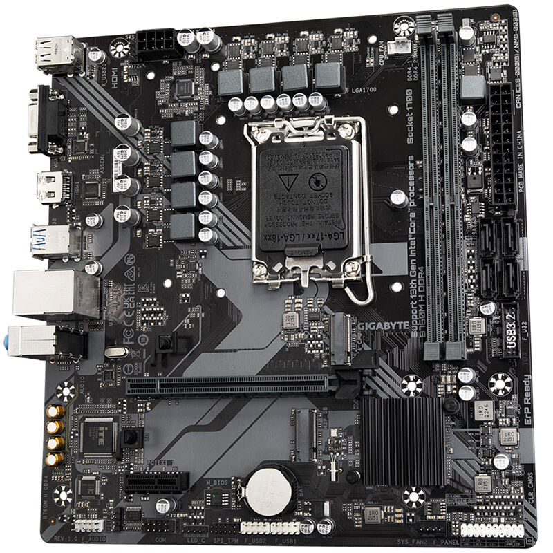 Nærbilde av Gigabyte B760M H DDR4 hovedkort komponenter