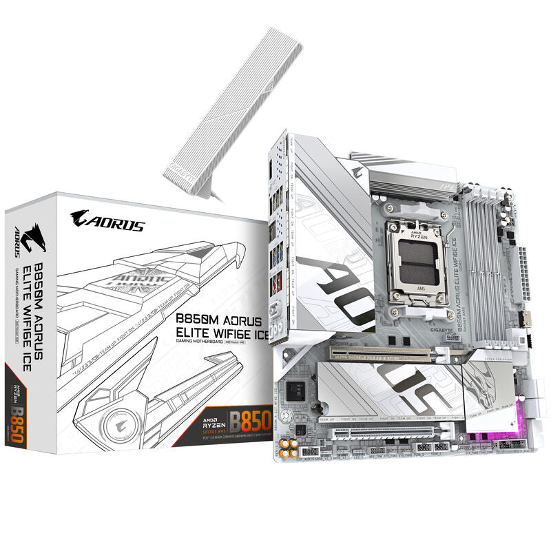 Gigabyte B850M AORUS Elite WiFi6E ICE hovedkort forfra