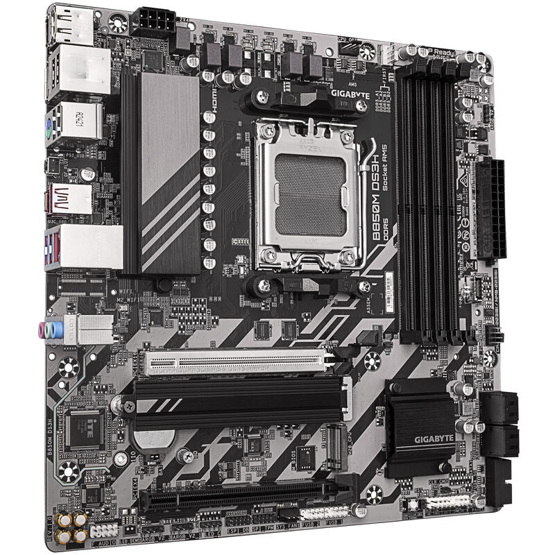 Gigabyte B850M DS3H hovedkort bakside med tilkoblinger og portpanel