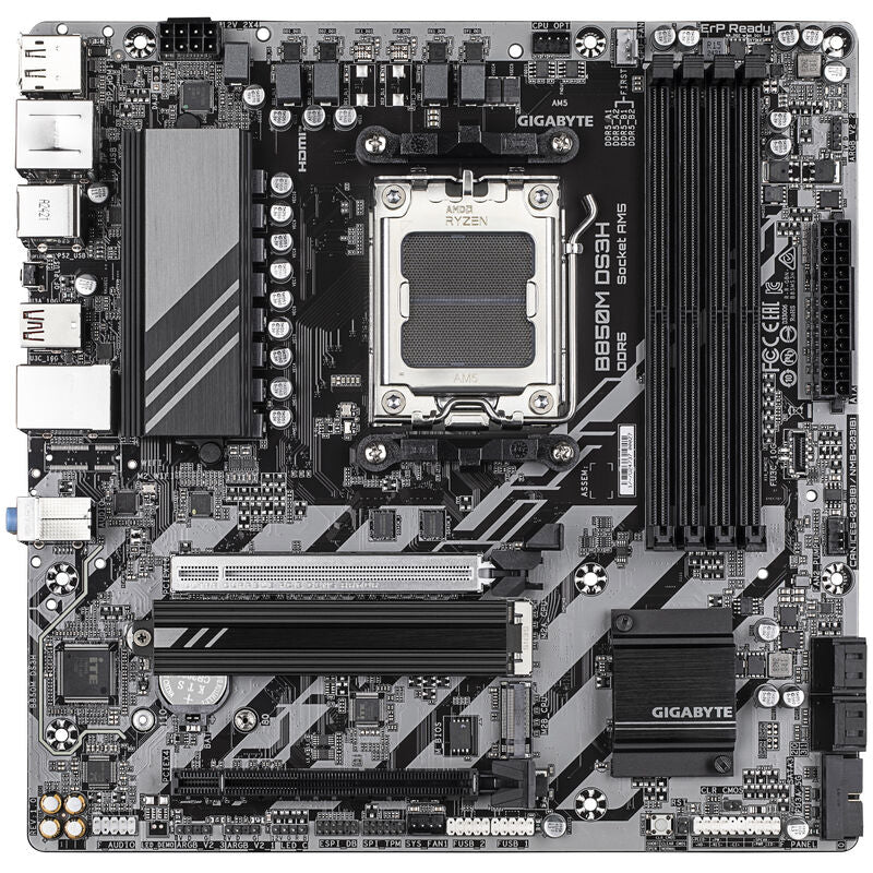 Detalj av Gigabyte B850M DS3H hovedkort med M.2-spor og kjøleribber