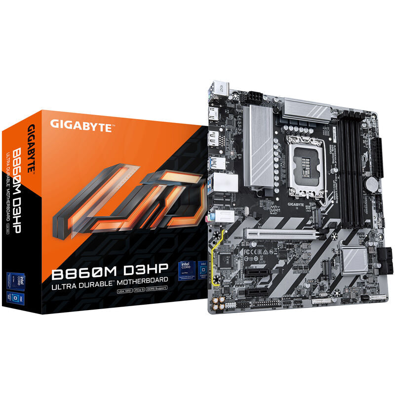 Gigabyte B860M D3HP hovedkort forfra med synlige RAM- og PCIe-spor