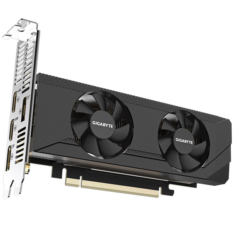 Nærbilde av HDMI- og DisplayPort-tilkoblinger på Gigabyte GeForce RTX 3050 OC Low Profile
