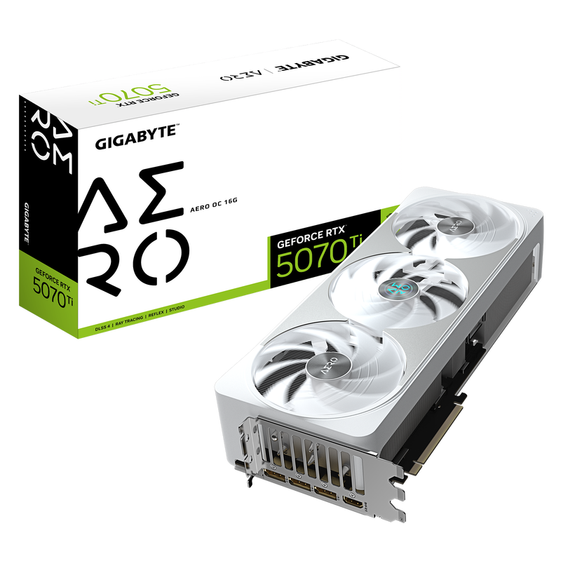 Gigabyte GeForce RTX 5070 Ti Aero OC grafikkort forfra hvit