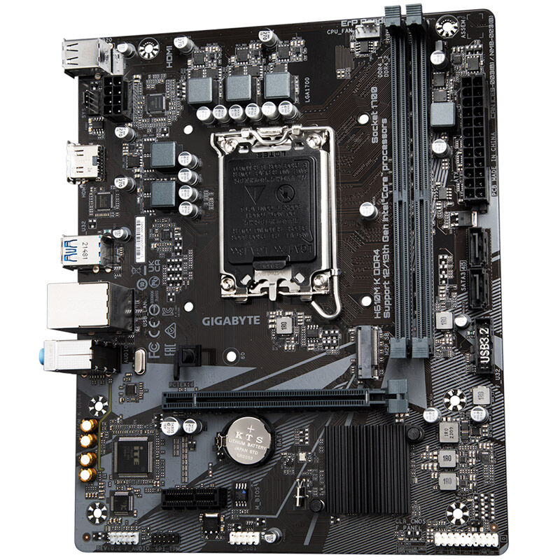 Nærbilde av Gigabyte H610M K DDR4 hovedkort komponenter