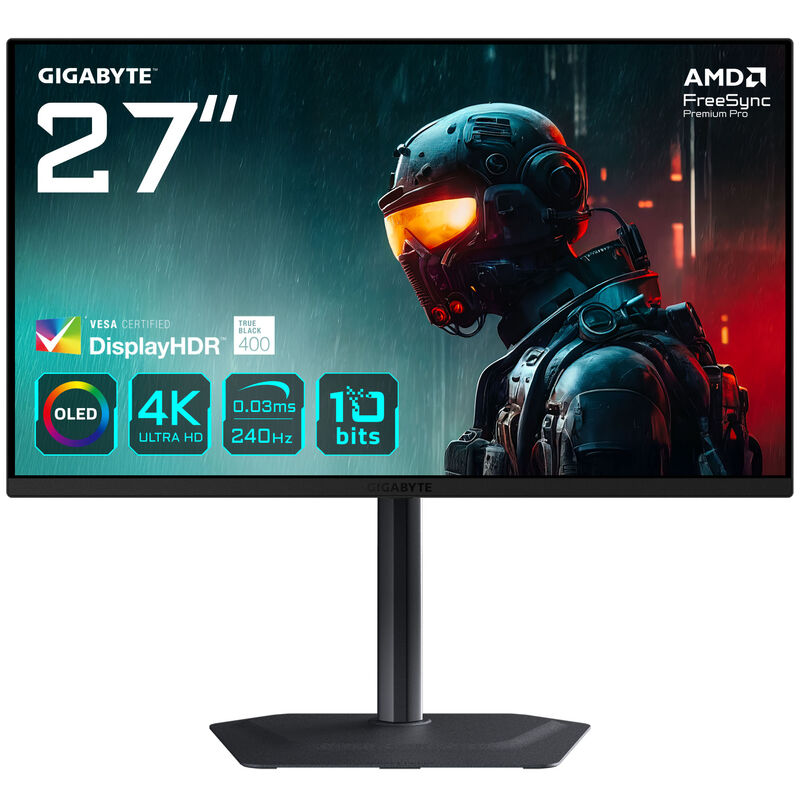Gigabyte MO27U2 gamingskjerm 27" 4K 240 Hz QD-OLED front