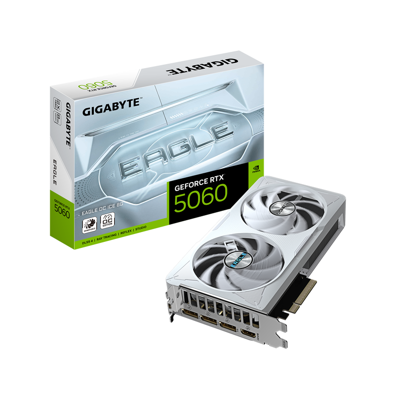 Gigabyte RTX 5060 Eagle OC ICE grafikkort hvit forfra