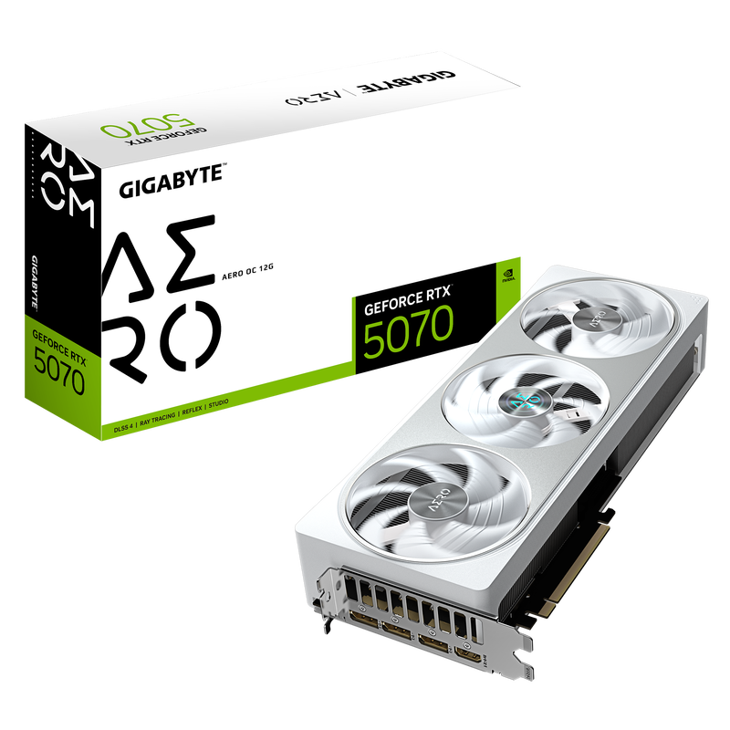 Gigabyte RTX 5070 Aero OC grafikkort hvit forfra