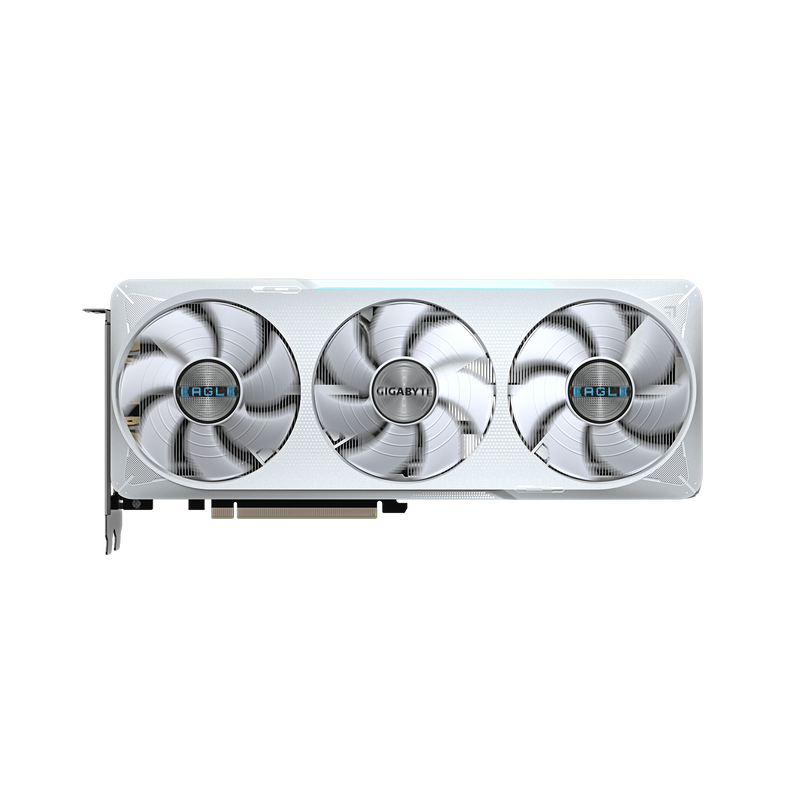 Nærbilde av RGB belysning på Gigabyte RTX 5070 Eagle OC Ice SFF grafikkort