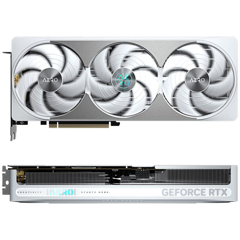 Gigabyte RTX 5080 Aero OC SFF grafikkort detalj av vifter hvit