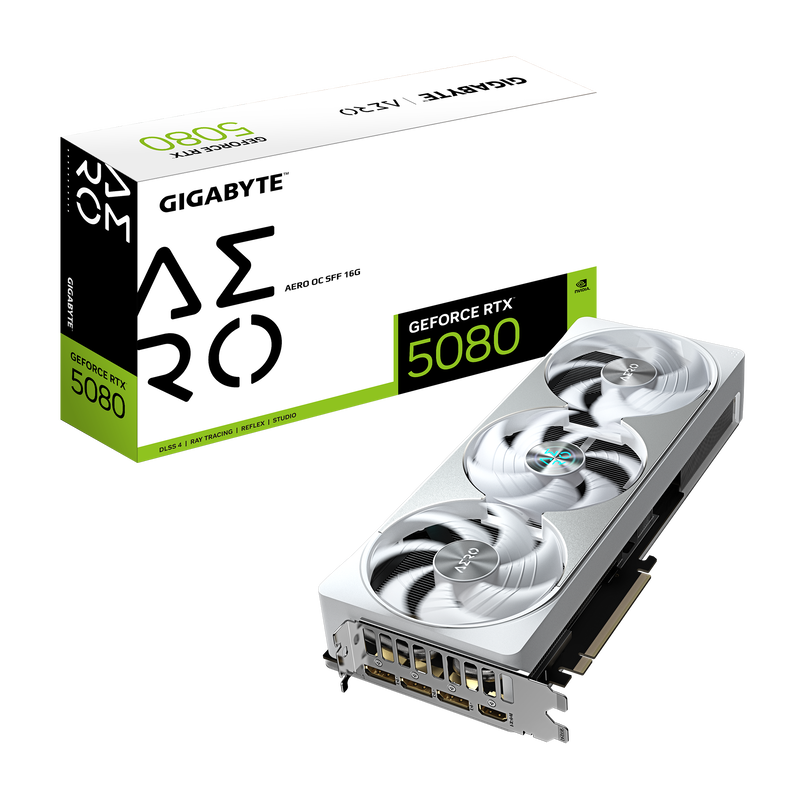 Gigabyte RTX 5080 Aero OC SFF grafikkort forfra hvit