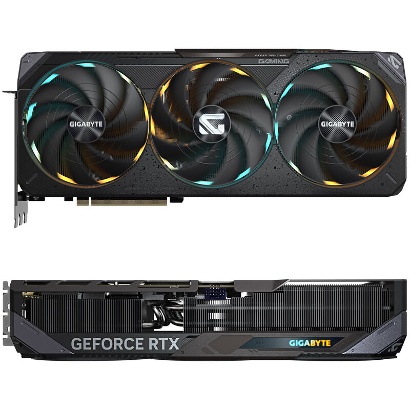 Detalj av Gigabyte RTX 5080 Gaming OC grafikkort RGB-belysning