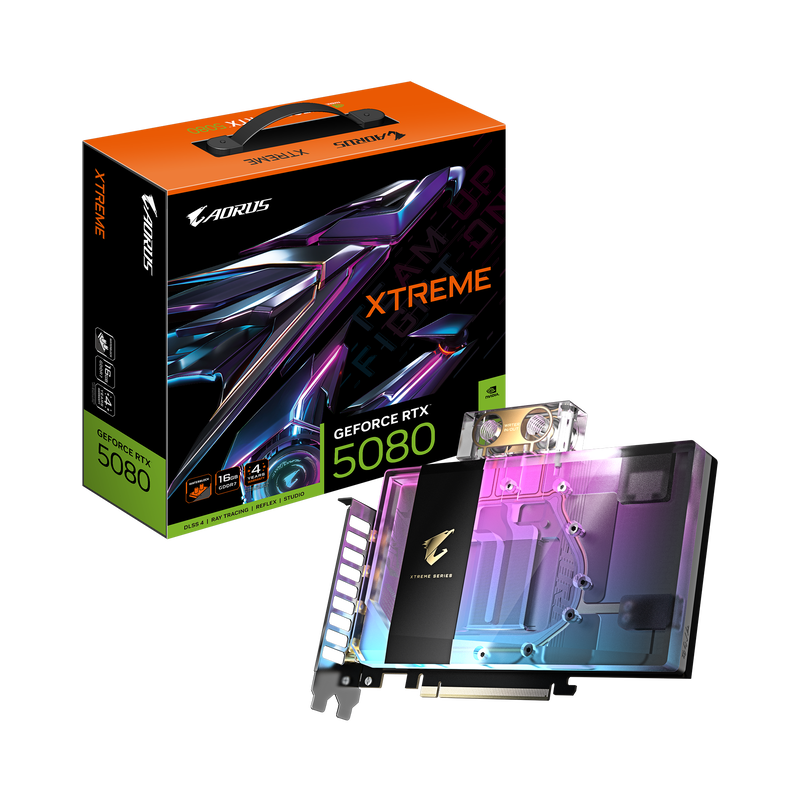 Gigabyte Aorus RTX 5080 Xtreme Waterforce WB grafikkort forfra