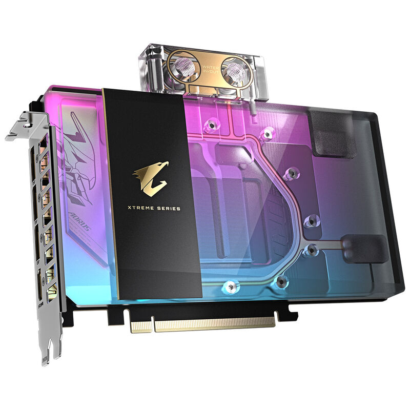 Gigabyte Aorus RTX 5080 Xtreme Waterforce WB grafikkort med tilkoblinger