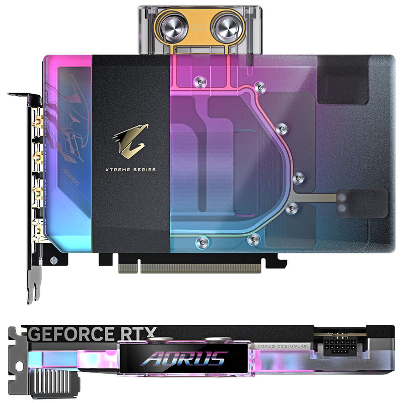 Detaljbilde av Gigabyte Aorus RTX 5080 Xtreme Waterforce WB vannblokk