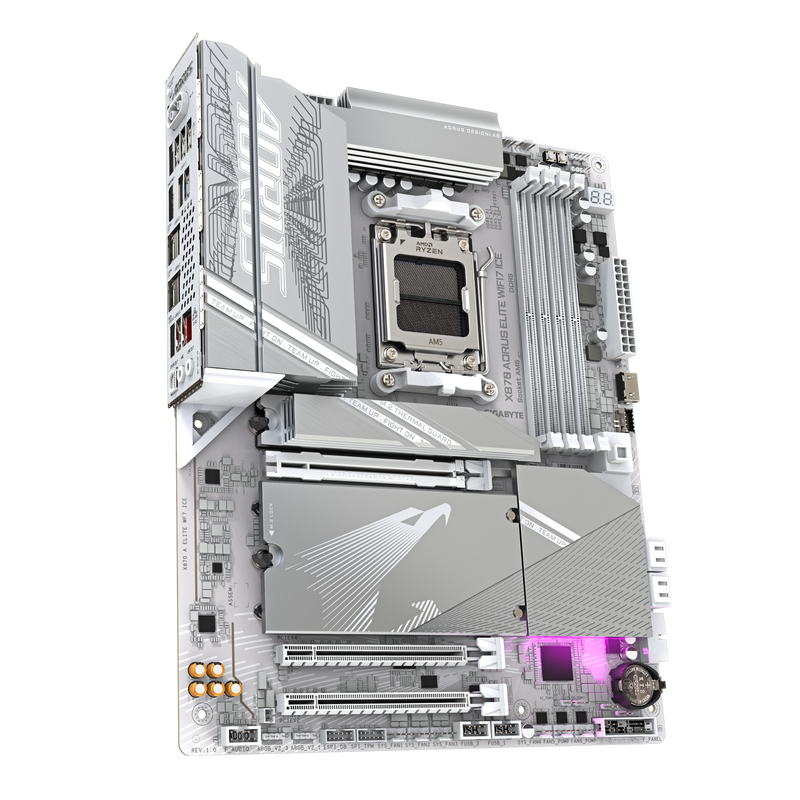 Detalj av Gigabyte X870 AORUS Elite WF7 ICE hovedkort
