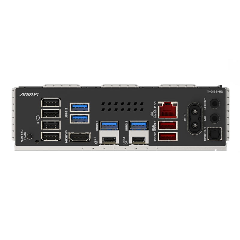 Nærbilde av Gigabyte X870E A Elite WiFi7 hovedkort med RGB-belysning