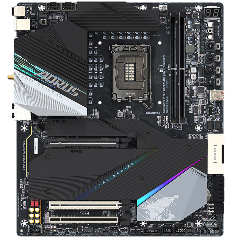 Nærbilde av Gigabyte Z790 Aorus Tachyon X hovedkort komponenter