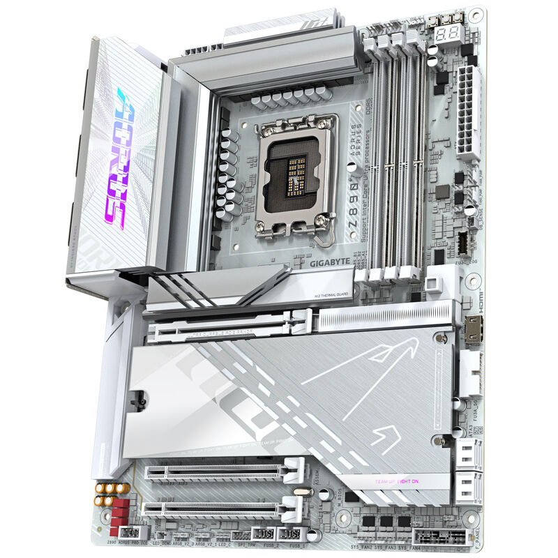 Nærbilde av Gigabyte Z890 AORUS Pro ICE hovedkortets RGB-belysning