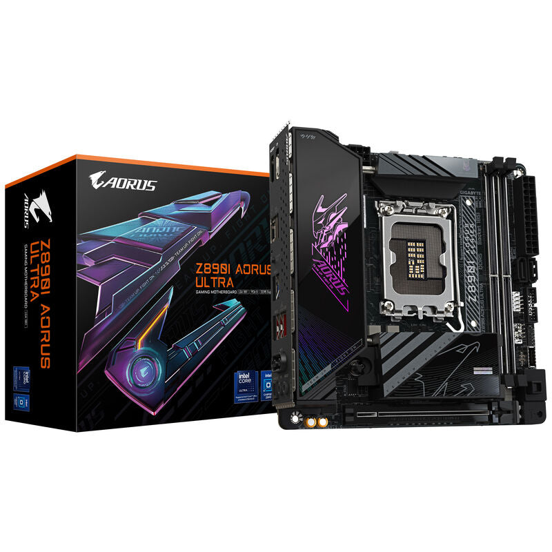 Gigabyte Z890I AORUS Ultra hovedkort forfra med komponenter