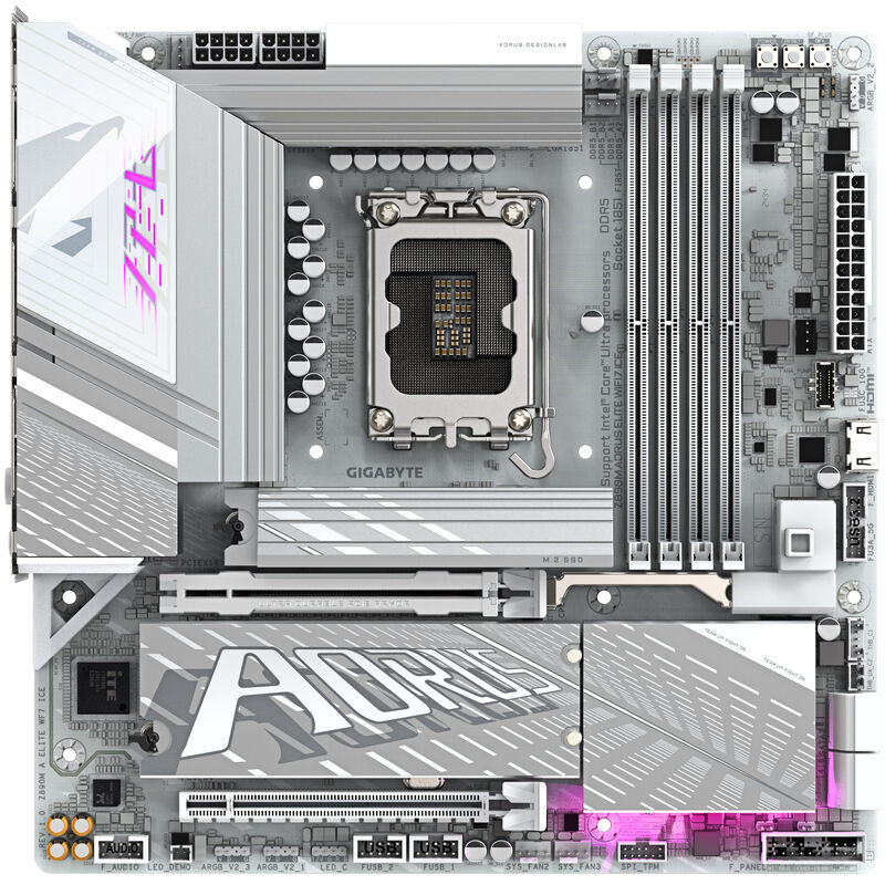 Detalj av Gigabyte Z890M Aorus Elite WIFI7 ICE hovedkort