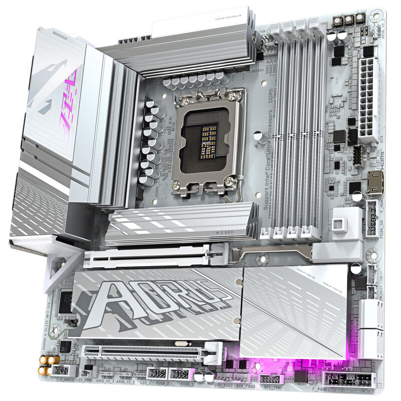 Nærbilde av Gigabyte Z890M Aorus Elite WIFI7 ICE komponenter