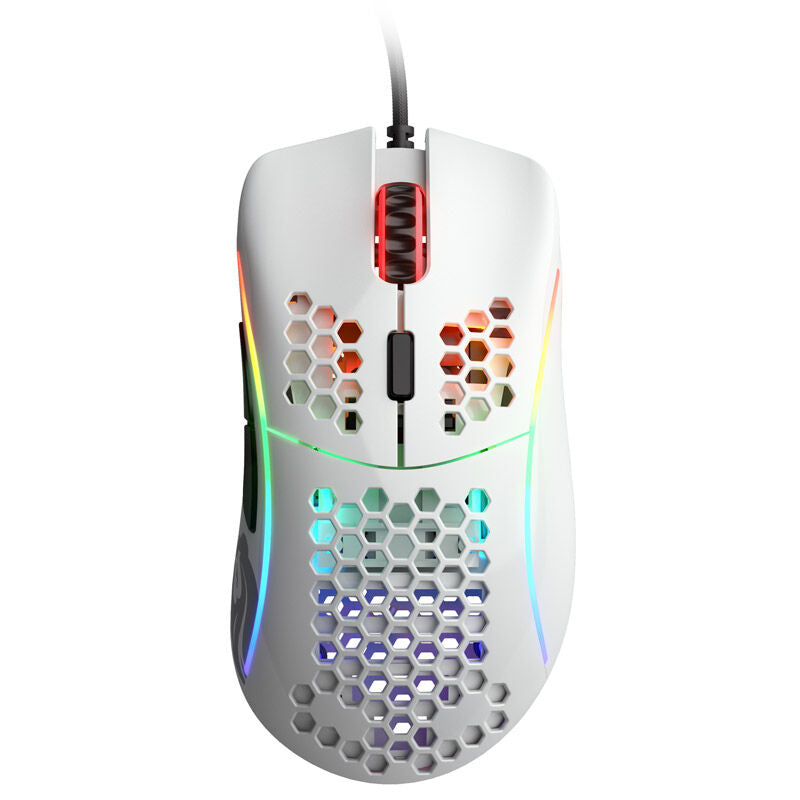 Detalj av Glorious Model D gamingmus hvit glossy