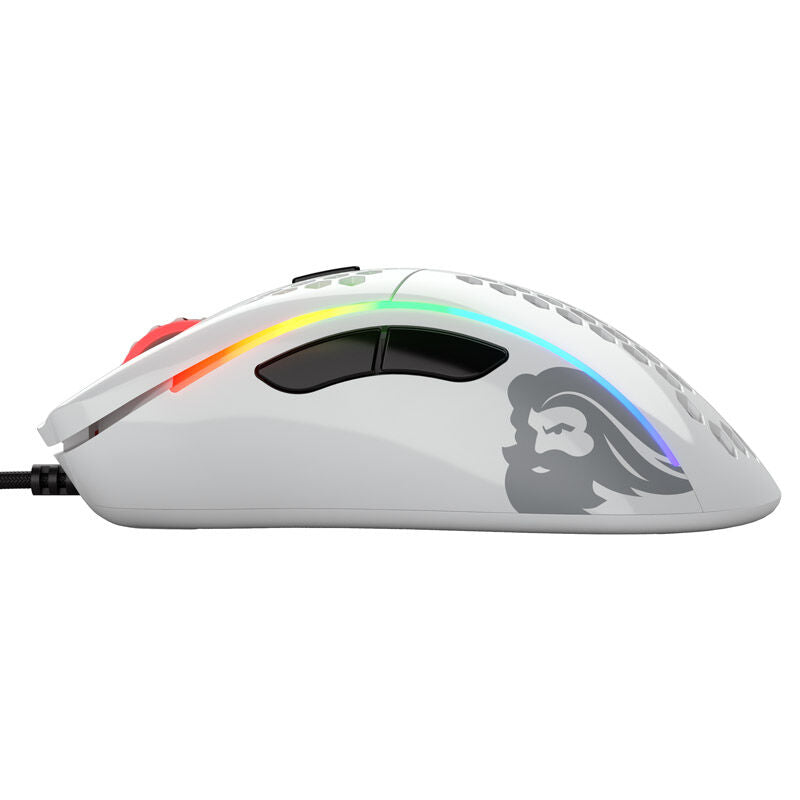 Nærbilde av knappene på Glorious Model D gamingmus hvit glossy