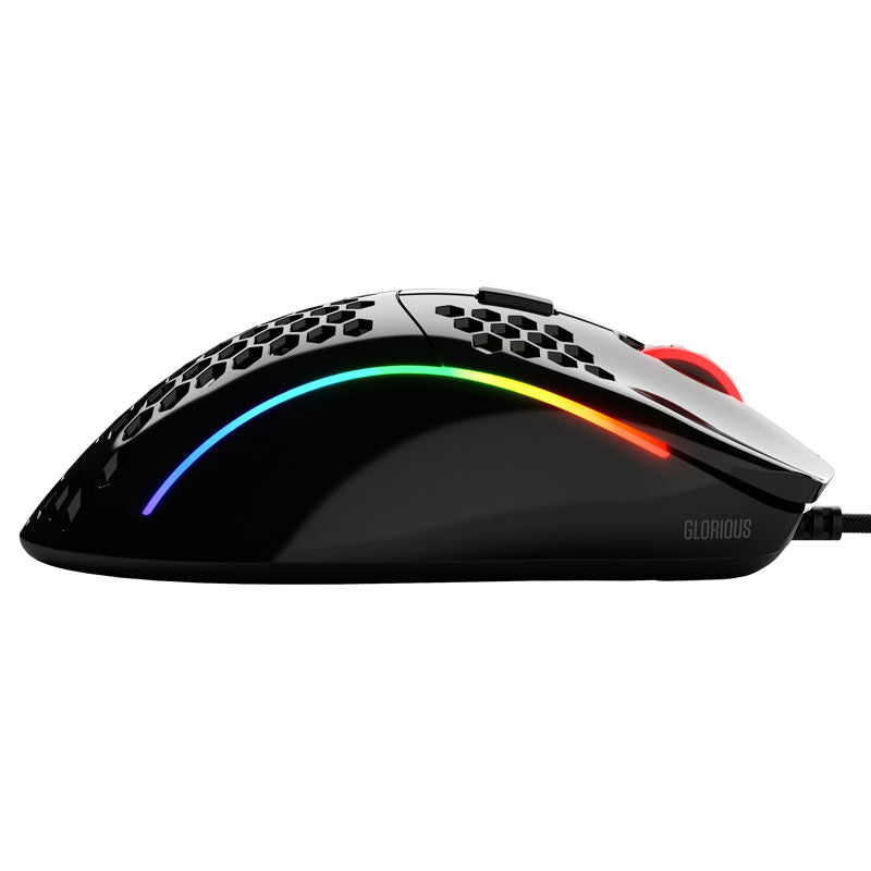Glorious Model D gamingmus kablet 12000 DPI svart glossy nærbilde av RGB-belysning