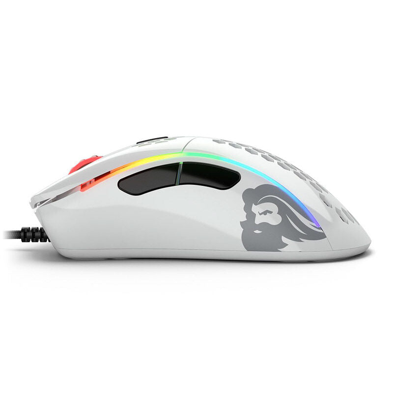 Glorious Model D- gamingmus kablet hvit glossy montert på musematte