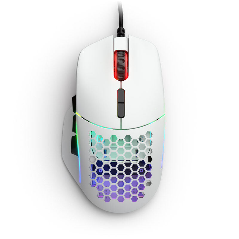 Detalj av RGB-belysning på Glorious Model I gamingmus 19000 DPI RGB hvit matt