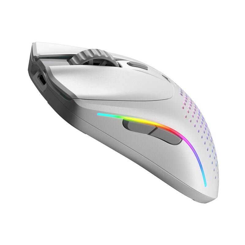 Nærbilde av knappene på Glorious Model O 2 Mini trådløs gamingmus RGB 26K DPI matt-hvit