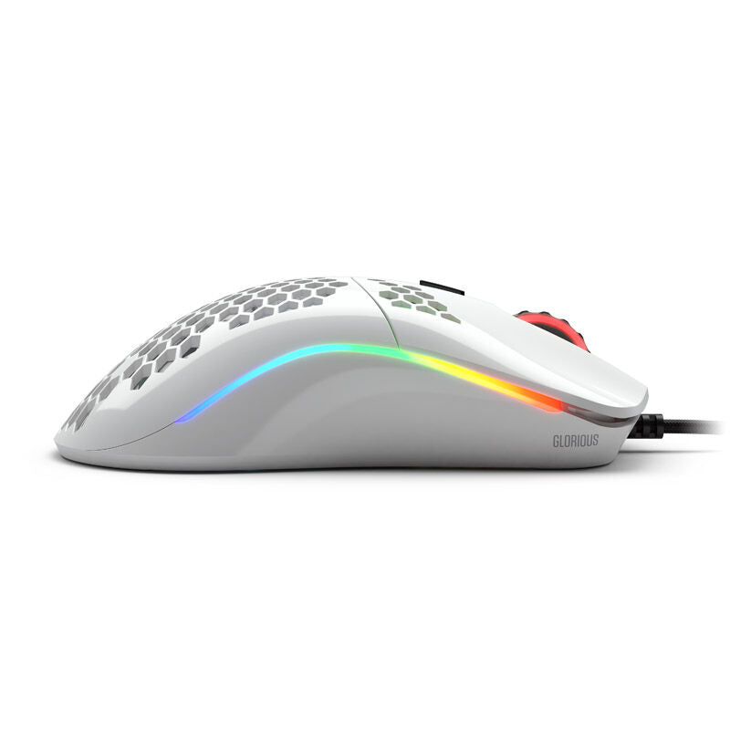 Glorious Model O gamingmus 12K DPI hvit glossy med bungee sideprofil