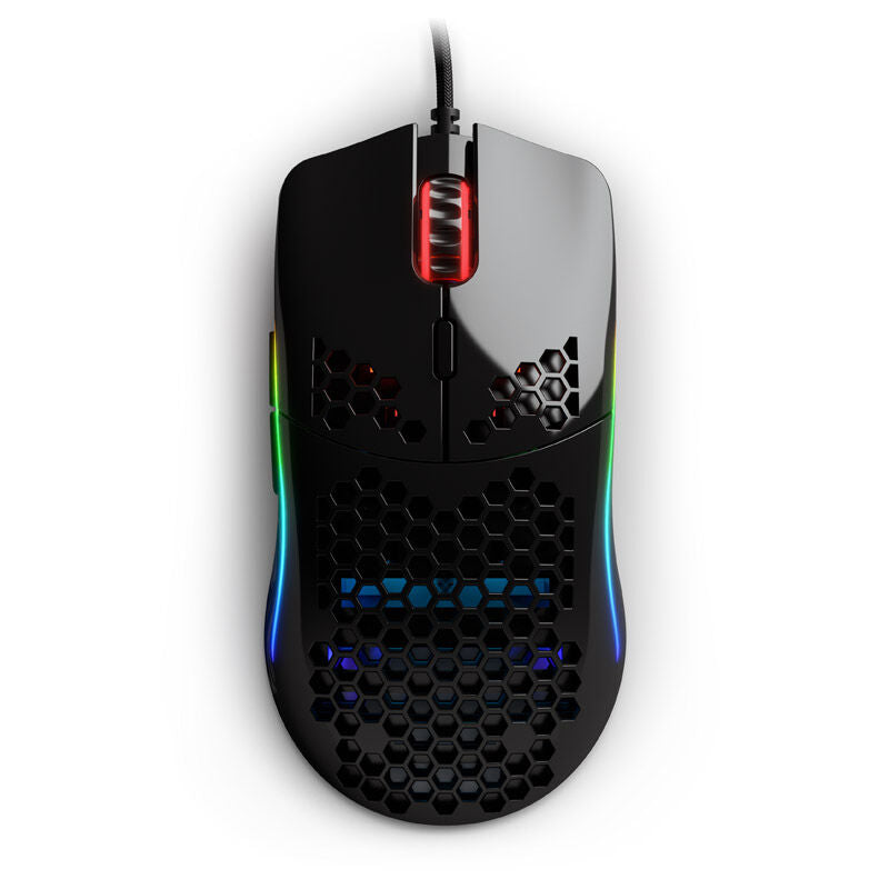 Detalj av Glorious Model O gamingmus svart glossy med RGB-lys