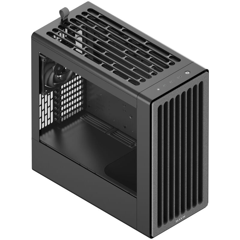 Detalj av HAVN BF 360 Flow kabinett midtårn E-ATX herdet glass svart ventilasjon