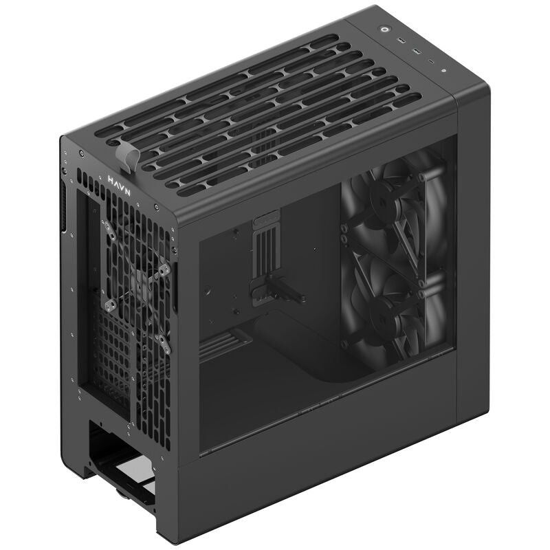 Nærbilde av HAVN BF 360 Flow kabinett midtårn E-ATX herdet glass svart glasspanel