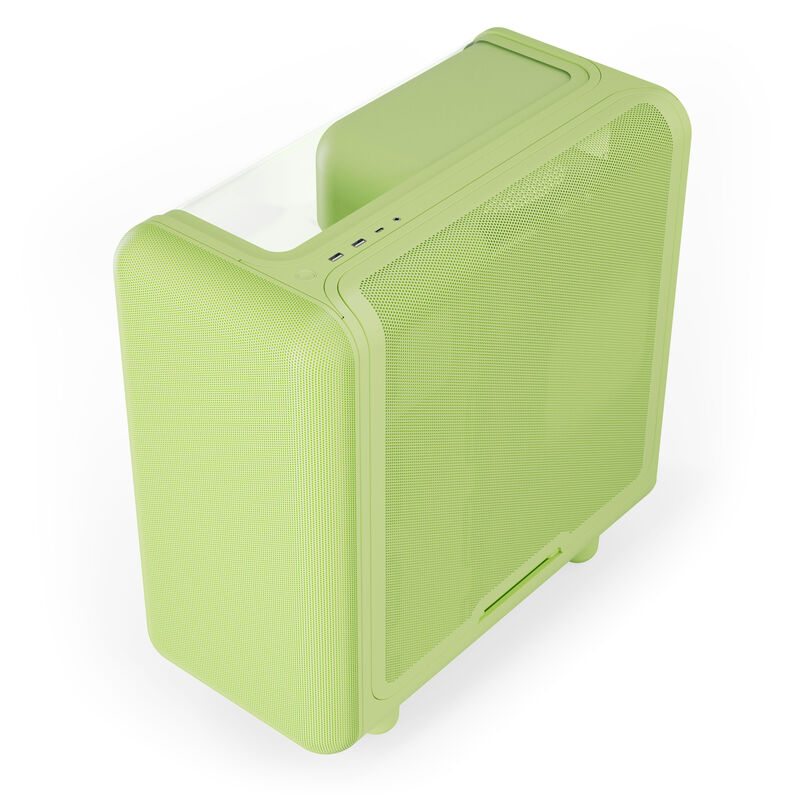 Nærbilde av herdet glass sidepanel på HYTE X50 kabinett midtårn E-ATX Matcha Milk