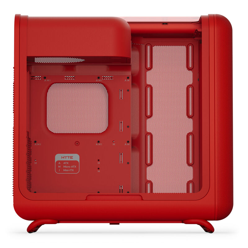 Nærbilde av herdet glass sidepanel på HYTE X50 kabinett midtårn E-ATX Wild Cherry
