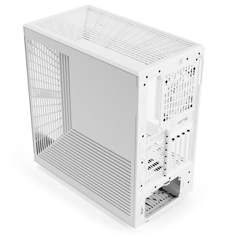 Hyte Y40 kabinett midtårn herdet glass Snow White detalj av frontpanel