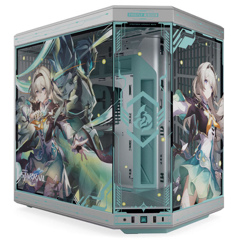 Detalj av vertikal GPU-montering i HYTE Y70 Firefly Japan Edition