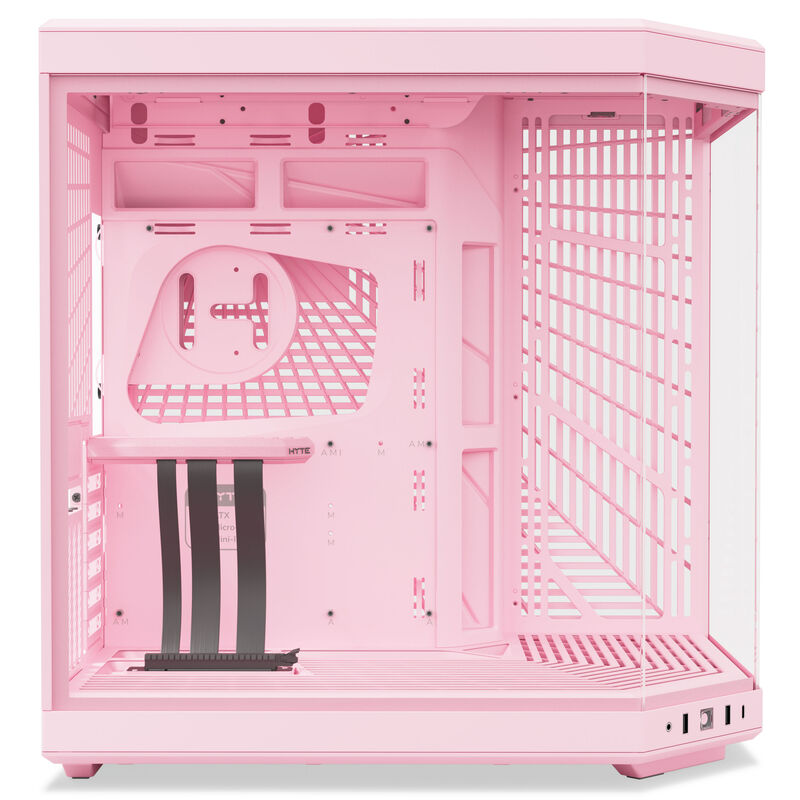 Nærbilde av ventilasjon i Hyte Y70 kabinett midtårn E-ATX herdet glass Strawberry Milk