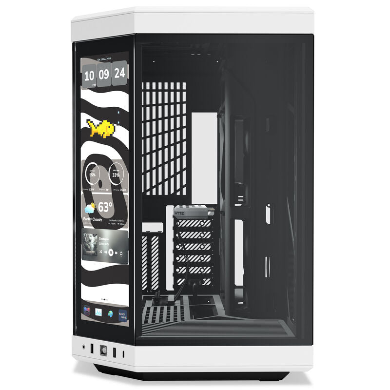 Detalj av Hyte Y70 Touch Infinite kabinett frontpanel med USB-porter