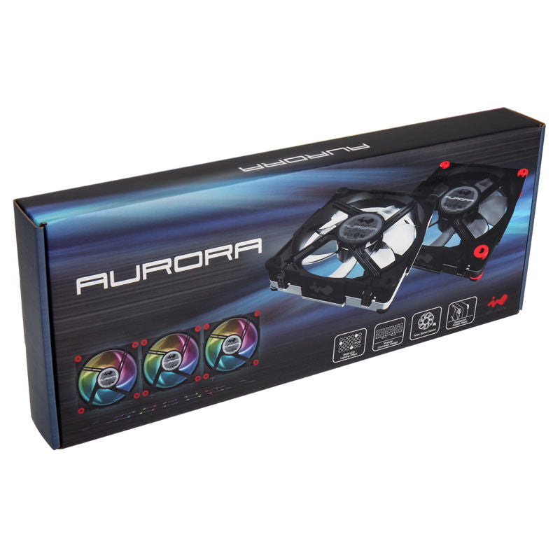 Oversikt over IN WIN Aurora RGB vifte 120 mm 3-pakning svart/hvit og tilbehør