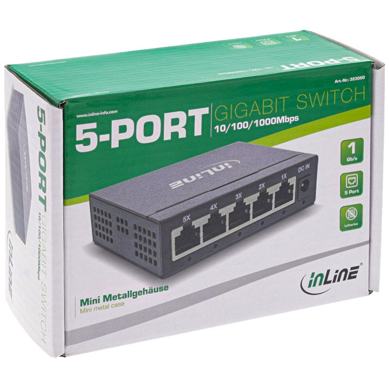 InLine Gigabit nettverkssvitsj 5-port 1 Gbps vifteløs montert i nettverksoppsett